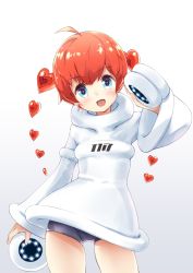 Rule 34 | 1girl, :d, ahoge, bike shorts, black shorts, blue eyes, blush, breasts, dress, glowing, gradient background, grey background, hair between eyes, hand up, heart, highres, holding, long sleeves, open mouth, persona, persona 5, persona 5 scramble: the phantom strikers, red hair, short hair, short shorts, shorts, shorts under dress, small breasts, smile, solo, sophia (p5s), sota, white background, white dress, wide sleeves