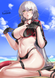 Rule 34 | 1girl, ahoge, artist name, beach, bikini, black bikini, black choker, black gloves, black jacket, blue sky, blush, breasts, choker, cleavage, commentary request, cropped jacket, day, fate/grand order, fate (series), gloves, hair between eyes, high heels, highres, jacket, jeanne d&#039;arc alter (swimsuit berserker) (fate), jeanne d&#039;arc (fate), jeanne d&#039;arc alter (fate), jeanne d&#039;arc alter (swimsuit berserker) (fate), kurozawa yui, large breasts, long hair, looking at viewer, navel, o-ring, o-ring bikini, open mouth, outdoors, red thighhighs, shrug (clothing), silver hair, single thighhigh, sky, solo, sun, sunlight, swimsuit, thighhighs, thighs, very long hair, yellow eyes