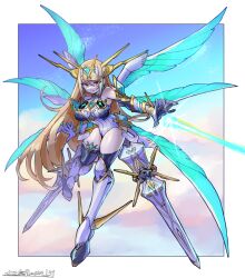 Rule 34 | 1girl, black thighhighs, blonde hair, breasts, floating, highres, large breasts, leotard, long hair, multiple wings, mythra (xenoblade), oomasa teikoku, revealing clothes, solo, thighhighs, tiara, white leotard, wings, xenoblade chronicles (series), xenoblade chronicles 2