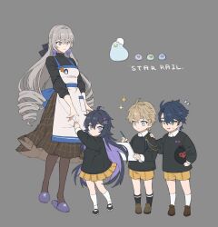 Rule 34 | 2boys, 2girls, absurdres, aged down, ahoge, alternate costume, apron, arm up, black bow, black footwear, black socks, black sweater, blonde hair, blue hair, bow, breasts, bronya rand, brown footwear, brown pantyhose, brown skirt, child, closed mouth, collared shirt, colored inner hair, copyright name, crossed bangs, dark blue hair, drill hair, earrings, floral print, flying sweatdrops, full body, gepard landau, green eyes, grey background, grey eyes, grey hair, hair between eyes, hair bow, hair ornament, hairpin, hand on another&#039;s shoulder, hands up, highres, holding, holding paper, holding pen, holding stuffed toy, honkai: star rail, honkai (series), jewelry, long hair, long skirt, long sleeves, looking at another, looking at viewer, looking down, medium breasts, miniskirt, multicolored hair, multiple boys, multiple girls, open mouth, pantyhose, papajay (jennygin2), paper, pen, plaid, plaid skirt, pleated skirt, pocket, puffy long sleeves, puffy sleeves, purple eyes, purple footwear, purple hair, sampo koski, seele (honkai: star rail), shirt, shoes, short hair, shorts, simple background, skirt, slippers, smile, socks, standing, star (symbol), stuffed toy, sweat, sweatdrop, sweater, tongue, turtleneck, turtleneck sweater, v-shaped eyebrows, white apron, white shirt, white socks, writing, yellow shorts, yellow skirt