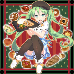 Rule 34 | 1girl, bad id, bad pixiv id, bell, bread, cinnamon roll, food, green eyes, green hair, hat, hatsune miku, kiya machi, long hair, matching hair/eyes, open mouth, sandwich, solo, thighhighs, tray, twintails, very long hair, vocaloid