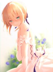 Rule 34 | 1girl, alternate costume, artoria pendragon (all), artoria pendragon (fate), backlighting, bare shoulders, blonde hair, blue bow, blue flower, blurry, blurry background, blush, bow, braid, commentary request, depth of field, dress, elbow gloves, fate/stay night, fate (series), flower, gloves, green eyes, hair between eyes, hair bow, hair bun, highres, looking at viewer, looking to the side, navy (navy.blue), saber (fate), single hair bun, solo, strapless, strapless dress, white bow, white dress, white gloves