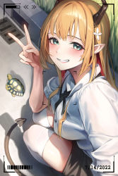Rule 34 | 1girl, barcode, battery indicator, blonde hair, blue eyes, blush, dated, demon girl, demon horns, demon tail, ear piercing, from above, grin, hair ornament, highres, horns, long hair, looking at viewer, original, piercing, pointy ears, refla, selfie, shirt, smile, solo, squatting, tail, thighhighs, tortoise, turtle, v, viewfinder, white shirt, white thighhighs