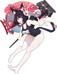 Rule 34 | 1girl, animal ears, azur lane, bell, bent over, black hair, blunt bangs, breasts, cat ears, cat tail, cleavage, clothes writing, fang, fox mask, full body, jingle bell, koi, leaning forward, looking at viewer, machinery, mask, medium breasts, name tag, official art, old school swimsuit, one-piece swimsuit, open mouth, rain lan, red eyes, school swimsuit, short eyebrows, short hair, skindentation, solo, staff, swimsuit, tail, tail bell, tail ornament, thighhighs, thighs, torii, transparent background, white thighhighs, yamashiro (azur lane), yamashiro (summer offensive?) (azur lane)