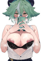 Rule 34 | 1girl, animal ears, black bra, blue hair, blush, bra, bra pull, breasts, buttons, cellphone, clothes pull, genshin impact, glasses, green hair, hair between eyes, hat, highres, holding, holding phone, large breasts, looking at viewer, multicolored hair, nipples, okpriko, partially unbuttoned, phone, semi-rimless eyewear, shirt, simple background, sleeveless, sleeveless shirt, smartphone, solo, streaked hair, sucrose (genshin impact), sucrose (oneplus) (genshin impact), underwear, upper body, white background, white shirt, yellow eyes