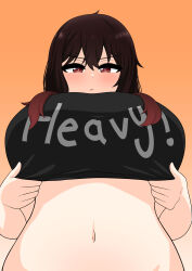 Rule 34 | 1girl, absurdres, breasts, clothes writing, english text, from below, gradient background, heavy (the only shoe), highres, huge breasts, long hair, looking at viewer, looking down, navel, original, red eyes, red hair, simple background, solo, the only shoe