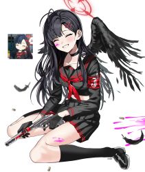 Rule 34 | 1girl, absurdres, armband, black choker, black sailor collar, black serafuku, black wings, blood, blood on face, blood on leg, blue archive, choker, feathered wings, feathers, full body, hair ornament, hairclip, halo, highres, ichika (blue archive), low wings, neckerchief, ohw8g, pink blood, plucked feathers, red armband, red halo, red neckerchief, safety pin, sailor collar, school uniform, serafuku, simple background, solo, white background, wings