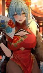 Rule 34 | 1girl, amyu (amm asl pa), bare shoulders, black gloves, blue hair, blush, breasts, bun cover, china dress, chinese clothes, cleavage, cleavage cutout, clothing cutout, double bun, dress, feather boa, floral print, gloves, hair between eyes, hair bun, hand fan, hand up, highres, holding, holding fan, hololive, large breasts, long hair, looking at viewer, open mouth, pelvic curtain, print dress, red dress, side slit, sitting, sleeveless, sleeveless dress, smile, solo, very long hair, virtual youtuber, yellow eyes, yukihana lamy
