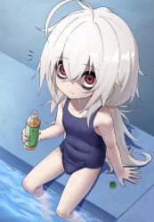 Rule 34 | 1girl, absurdres, ahoge, bags under eyes, blue one-piece swimsuit, bottle, bottle cap, covered navel, eha7y, from above, grey hair, highres, holding, long hair, looking at viewer, looking up, messy hair, one-piece swimsuit, original, outdoors, ponytail, pool, poolside, red eyes, school swimsuit, shaded face, sitting, soaking feet, solo, swimsuit, thighs, very long hair, wasabi-chan (eha7y)