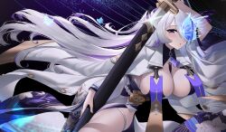 Rule 34 | 1girl, absurdres, azur lane, blue butterfly, breasts, bug, butterfly, butterfly over eye, floating hair, hair over one eye, highres, holding, holding sword, holding weapon, insect, jfzm001, large breasts, long hair, multicolored hair, purple hair, sheath, solo, streaked hair, sword, two-tone hair, unsheathing, unzen (azur lane), very long hair, weapon, white hair