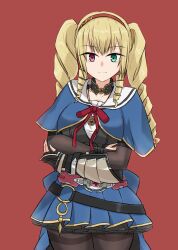 Rule 34 | 1girl, aqua eyes, arms under breasts, assault lily, asymmetrical gloves, belt, black belt, black collar, black shirt, blonde hair, blue capelet, blue skirt, breasts, bridal gauntlets, brown bridal gauntlets, brown gloves, brown pantyhose, capelet, chain, chain bracelet, closed mouth, collar, commentary request, cowboy shot, crossed arms, drill hair, drill sidelocks, fingerless gloves, gloves, hairband, heterochromia, highres, jewelry, komai sumire, light smile, long hair, looking at viewer, medium breasts, miniskirt, mismatched gloves, neck ribbon, necklace, o-ring, o-ring belt, odaiba girls high school uniform, pantyhose, pendant, pink belt, pink eyes, pleated skirt, red background, red hairband, red ribbon, ribbon, school uniform, shirt, sidelocks, signifiant, simple background, single vambrace, skirt, solo, standing, thighband pantyhose, two-tone shirt, vambraces, waist cape, white shirt, wrist cuffs