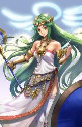 Rule 34 | 1girl, athenawyrm, bare shoulders, breasts, green eyes, green hair, jewelry, kid icarus, kid icarus uprising, large breasts, long hair, necklace, palutena, smile, solo, super smash bros., thighhighs, tiara, very long hair