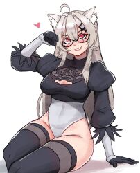 Rule 34 | 1girl, :d, ahoge, animal ear fluff, animal ears, black gloves, black leotard, black thighhighs, breasts, brown hair, cat ears, cleavage, cleavage cutout, clothing cutout, commentary, cosplay, english commentary, glasses, gloves, grin, hair ornament, hairclip, heart, highres, indie virtual youtuber, leotard, long hair, long sleeves, looking at viewer, medium breasts, mochi (chain csn), nier:automata, nier (series), open mouth, red eyes, saruei (vtuber), scar, scar across eye, simple background, sitting, smile, solo, teeth, thighhighs, virtual youtuber, white background, 2b (nier:automata), 2b (nier:automata) (cosplay)