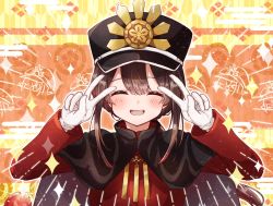 Rule 34 | 1boy, ^ ^, artist request, black cape, black hair, black hat, blush, cape, closed eyes, coat, crest, double v, egasumi, emotional engine - full drive, family crest, fate/grand order, fate (series), gloves, hands up, hat, jewelry, koha-ace, long hair, long sleeves, low ponytail, male focus, necklace, oda nobukatsu (fate), oda uri, open mouth, orange background, parody, peaked cap, red coat, sidelocks, smile, solo, sparkle, v, white gloves, yellow background