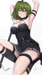 Rule 34 | 1girl, absurdres, aoikito lavender086, arm strap, armlet, armpits, arms up, belt, black belt, black choker, black dress, breasts, choker, cleavage, commentary request, dress, green hair, halterneck, highres, large breasts, long hair, looking at viewer, pleated dress, purple eyes, short dress, side ponytail, simple background, sleeveless, sleeveless dress, smile, solo, sousou no frieren, thigh strap, thighs, ubel (sousou no frieren), white background