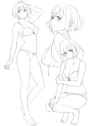 Rule 34 | 1girl, barefoot, blush, bow, bow bra, bow panties, bra, breasts, cleavage, full body, lineart, looking back, medium breasts, monochrome, multiple views, original, panties, ryuuta (msxtr), short hair, squatting, standing, underwear, underwear only, upper body, wavy mouth