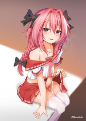 Rule 34 | 1boy, :d, arm at side, astolfo (fate), astolfo (sailor paladin) (fate), bare shoulders, black bow, black ribbon, blush, bow, braid, clothes lift, collarbone, commentary request, cowboy shot, cum, cum on body, cum on lower body, cumdrip, fang, fate/apocrypha, fate/grand order, fate (series), fingernails, flashing, hair between eyes, hair bow, hair intakes, hair ribbon, half-closed eyes, has bad revision, has censored revision, legs together, lifting own clothes, long hair, looking at viewer, macchiato (jae-min cho), male focus, nail polish, neckerchief, no male underwear, off shoulder, official alternate costume, open mouth, penis, pink hair, pink nails, pink neckerchief, pink sailor collar, pink skirt, pleated skirt, purple eyes, red neckerchief, ribbon, sailor collar, school uniform, serafuku, shirt, short sleeves, sidelocks, single braid, sitting, skirt, skirt hold, skirt lift, sleeve cuffs, smile, solo, testicles, thighhighs, tongue, trap, twitter username, uncensored, white shirt, white thighhighs