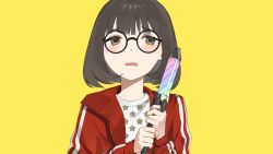 Rule 34 | 1girl, black hair, brown eyes, brown hair, commentary request, glasses, hands up, highres, holding glowstick, jacket, long sleeves, looking at viewer, mikanoisi, original, parted lips, print shirt, red jacket, shirt, short hair, simple background, solo, star (symbol), star print, track jacket, upper body, white shirt, yellow background