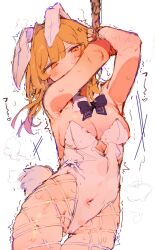 Rule 34 | 1girl, anger vein, animal ears, armpits, arms up, blonde hair, bound, bound wrists, breasts, cleavage, covered mouth, covered navel, cowboy shot, crotch, cutout above navel, fake animal ears, fake tail, genshin impact, gluteal fold, groin, highleg, highleg leotard, highres, leotard, looking at viewer, lumine (genshin impact), medium hair, otintin, playboy bunny, rabbit ears, rabbit tail, skindentation, solo, steaming body, sweat, tail, thigh gap, trembling, very sweaty, white background, white leotard, yellow eyes