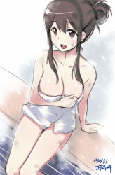 Rule 34 | 10s, 1girl, 2014, akagi (kancolle), bath, brown eyes, brown hair, dated, folded ponytail, kantai collection, long hair, masaoka misaki, naked towel, open mouth, personification, pool, smile, solo, towel, water