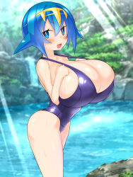 Rule 34 | alternate breast size, blue eyes, blue hair, blush, breast suppress, breasts, cleavage cutout, clothing cutout, cowboy shot, creatures (company), freckles, game freak, hairband, highres, huge breasts, lana (pokemon), looking at viewer, makarou, nintendo, one-piece swimsuit, open mouth, oppai loli, outdoors, pokemon, pokemon sm, pond, strap gap, swimsuit, wet
