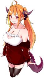 Rule 34 | 1girl, ahoge, bare shoulders, black ribbon, blonde hair, blush, breasts, camisole, collarbone, commentary, commentary request, cowboy shot, cropped legs, dragon girl, dragon horns, dragon tail, fang, hair intakes, hair ribbon, highres, hololive, horns, jacket, kiryu coco, kiryu coco (loungewear), large breasts, long hair, long sleeves, looking at viewer, multicolored hair, off shoulder, official alternate costume, open clothes, open jacket, orange hair, partially unzipped, pointy ears, red eyes, red jacket, ribbon, see-through, sidelocks, simple background, skin fang, smile, solo, spaghetti strap, standing, streaked hair, symbol-only commentary, tail, track jacket, twintails, virtual youtuber, white background, white camisole, yuyaiyaui