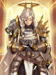 Rule 34 | 1girl, 2020, armor, belt, braid, breastplate, cape, closed eyes, commentary, cowboy shot, earrings, english commentary, feathers, gauntlets, halo, highres, ja mong, jewelry, original, own hands together, pelvic curtain, praying, shoulder armor, solo, sword, weapon, white cape, white hair