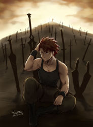 Rule 34 | 10s, 1boy, 2016, artist name, black footwear, boots, bracelet, brown hair, commentary request, dated, emiya shirou, fate/stay night, fate (series), field of blades, highres, jewelry, male focus, pectorals, scar, shoes, sitting, solo, sweatband, sword, tank top, toyoyuki, unlimited blade works (fate), weapon, yellow eyes