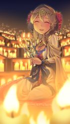 Rule 34 | 10s, 1girl, altar, blonde hair, blush, braid, brooch, candle, candlestand, circlet, clarice (idolmaster), closed eyes, dress, fire, flower, hakkaku shikimi, holding, hood, idolmaster, idolmaster cinderella girls, jewelry, light particles, long hair, long sleeves, lots of jewelry, nun, open mouth, sidelocks, sitting, smile, solo, white dress