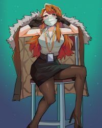 Rule 34 | 1girl, absurdres, alchemy stars, black eyes, black gloves, breasts, chair, coat, coat on shoulders, commentary request, diforland, gloves, high heels, highres, id card, lanyard, large breasts, long hair, mask, miniskirt, mouth mask, office lady, orange hair, pencil skirt, shirt, sidelocks, siobhan (alchemy stars), sitting, skirt, sleeveless, sleeveless shirt, solo, surgical mask