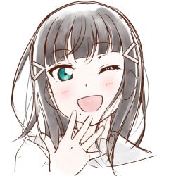 Rule 34 | 1girl, anibache, birthday, black hair, blush, commentary, green eyes, hair ornament, hime cut, kurosawa dia, long hair, looking at viewer, love live!, love live! sunshine!!, mole, mole under mouth, one eye closed, sidelocks, smile, solo, white background