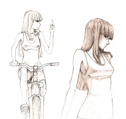 Rule 34 | 1girl, bad id, bad pixiv id, bicycle, bike shorts, collage, expressionless, graphite (medium), greyscale, grin, highres, hime cut, long hair, middle finger, mole, monochrome, mountain bicycle, mr very, profile, riding, shirt, simple background, sketch, sleeveless, sleeveless shirt, smile, smirk, solo, traditional media