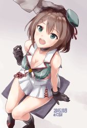 Rule 34 | 10s, 1girl, blue eyes, breasts, brown hair, coz (commit), hat, headpat, kantai collection, large breasts, maya (kancolle), midriff, miniskirt, remodel (kantai collection), school uniform, serafuku, short hair, sitting, skirt, smile, solo, solo focus