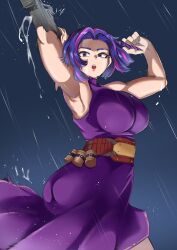 Rule 34 | 1girl, :o, absurdres, armpits, arms up, bare legs, belt, boku no hero academia, breasts, dress, highres, lady nagant, large breasts, looking at viewer, multicolored hair, night, omanju25, parted bangs, pink hair, prosthetic weapon, purple dress, purple eyes, purple hair, rain, short hair, sleeveless, sleeveless dress, solo, taut clothes, taut dress, teeth, turtleneck dress, twisted torso, two-tone hair, upper teeth only, utility belt, wet