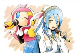 Rule 34 | anklet, azura (fire emblem), blue hair, dress, elbow gloves, fingerless gloves, fire emblem, fire emblem fates, fire emblem heroes, gloves, hair between eyes, hairband, jewelry, kirby: planet robobot, kirby (series), long hair, looking at viewer, microphone, nintendo, one eye closed, open mouth, rayman limbs, sayoyonsayoyo, simple background, smile, susie (kirby), trait connection, veil, very long hair, yellow eyes