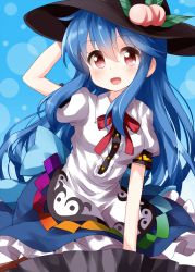 Rule 34 | 1girl, black hat, blouse, blue background, blue hair, blue skirt, center frills, food, frilled skirt, frills, fruit, gradient background, hair between eyes, hand on headwear, hat, highres, hinanawi tenshi, keystone, leaf, long hair, looking at viewer, neck ribbon, open mouth, peach, puffy short sleeves, puffy sleeves, rainbow order, red eyes, red ribbon, ribbon, ruu (tksymkw), shirt, short sleeves, skirt, smile, solo, touhou, white shirt