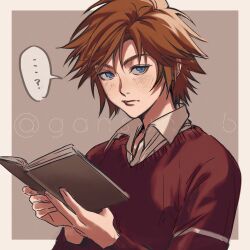 Rule 34 | ...?, 1boy, absurdres, aged down, blue eyes, book, brown background, brown hair, child, closed mouth, collared shirt, crisis core final fantasy vii, final fantasy, final fantasy vii, genesis rhapsodos, hair between eyes, highres, holding, holding book, long sleeves, looking at viewer, male focus, reading, red sweater, roku (gansuns), shirt, short hair, solo, sweater, twitter username, upper body, white shirt