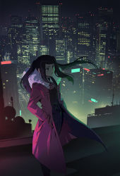 Rule 34 | 1girl, building, city, cityscape, coat, commentary request, fur trim, highres, jill stingray, long hair, long sleeves, looking ahead, midoriimo (9ne8n), necktie, night, open clothes, open coat, outdoors, purple coat, purple hair, radio antenna, red necktie, shadow, shirt, sidelocks, skyscraper, solo, swept bangs, twintails, va-11 hall-a, white shirt