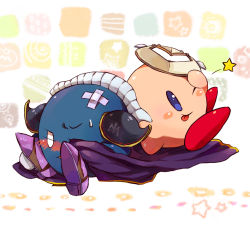 Rule 34 | 2boys, armor, artist request, back-to-back, bandaid, bandaid on head, blue eyes, blush, blush stickers, cape, crossed bandaids, defeat, gloves, kirby, kirby (series), male focus, mask, mask on head, unworn mask, meta knight, mittens, multiple boys, nintendo, one eye closed, patterned background, pauldrons, purple footwear, shoes, shoulder armor, simple background, sitting, source request, star (symbol), sweat, sweatdrop, tongue, tongue out, white background, white eyes, wink