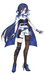 Rule 34 | 1girl, absurdres, baek hyang, belt, blue hair, blue hairband, breasts, brown pantyhose, brown thighhighs, cape, cleavage, clorinde (genshin impact), commentary, crop top, full body, genshin impact, gloves, hairband, high heels, highres, long hair, looking at viewer, medium breasts, midriff, navel, official alternate costume, pantyhose, purple eyes, race queen, short shorts, shorts, simple background, single leg pantyhose, single thighhigh, solo, standing, thighhighs, very long hair, white background, white shorts