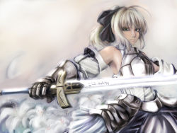 Rule 34 | 1girl, ahoge, armor, armored dress, artoria pendragon (fate), bare shoulders, blonde hair, bow, calibur, capcom, detached sleeves, dress, excalibur (fate/stay night), fate/stay night, fate/unlimited codes, fate (series), flower, gauntlets, green eyes, hair ribbon, ponytail, ribbon, saber (fate), saber lily, solo, sword, tukasa3, weapon