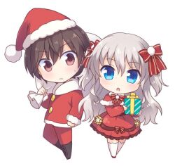 Rule 34 | 1boy, 1girl, bag, black thighhighs, blue eyes, blush, bow, box, brown eyes, brown hair, capelet, charlotte (anime), chibi, christmas, commentary request, crossed bangs, dress, dress bow, frilled dress, frills, fur-trimmed capelet, fur trim, gift, gift bag, gift box, grey hair, hair between eyes, hair bow, hat, hetero, holding, holding bag, holding gift, kousetsu, long hair, looking at viewer, open mouth, otosaka yuu, pom pom (clothes), red bow, santa capelet, santa costume, santa dress, santa hat, short hair, sidelocks, simple background, star ornament, sweatdrop, thighhighs, tomori nao, two side up, wavy hair, white background