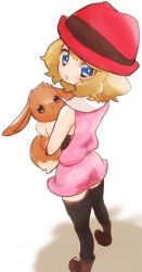 Rule 34 | 1girl, black thighhighs, blonde hair, blue eyes, chorimokki, creatures (company), eevee, game freak, gen 1 pokemon, hat, looking at viewer, nintendo, open mouth, pokemon, pokemon (anime), pokemon (creature), pokemon xy (anime), serena (pokemon), short hair, skirt, sleeveless, thighhighs