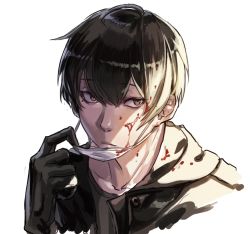 Rule 34 | 1boy, bad id, bad pixiv id, black gloves, black hair, blood, blood on clothes, blood on face, brown eyes, collarbone, gloves, hair between eyes, kim eb, male focus, mask, mole, mole under eye, mouth mask, original, portrait, short hair, simple background, solo, surgical mask, white background