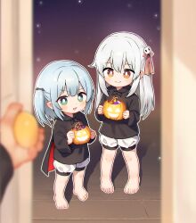 Rule 34 | 1other, 2girls, absurdres, barefoot, black cape, blue hair, blurry, blurry foreground, candy, cape, closed mouth, commentary request, fang, food, full body, halloween, highres, jack-o&#039;-lantern, kuma-bound, long hair, medium hair, multiple girls, open mouth, original, pointy ears, pov, smile, standing, toes, trick or treat, white hair