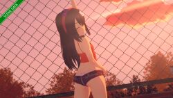 Rule 34 | 1girl, absurdres, against fence, arm up, ass, black hair, breasts, denim, denim shorts, fence, hair over one eye, half-closed eyes, highres, kazaki yuriko, legs, looking at viewer, looking back, midriff, original, puckered lips, shorts, sideboob, small breasts, solo, thighs, thong, whale tail (clothing)