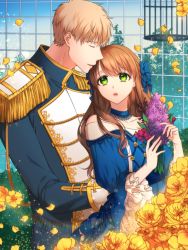 Rule 34 | 1boy, 1girl, bare shoulders, birdcage, blue bow, blue collar, blue dress, blue sky, bow, brown hair, cage, collar, day, detached collar, dress, epaulettes, closed eyes, flower, green eyes, hair bow, hetero, holding, holding flower, hsmoji, light brown hair, long hair, open mouth, original, petals, sky, standing, tree, uniform, wide sleeves, window, yellow flower