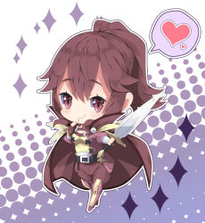 Rule 34 | anna (fire emblem), armored boots, blush, boots, breasts, brown cape, brown eyes, brown gloves, brown hair, brown jacket, brown shorts, cape, chibi, closed mouth, commentary request, fingerless gloves, fire emblem, fire emblem awakening, gloves, hair between eyes, halftone, halftone background, heart, high ponytail, holding, holding sword, holding weapon, indoors, jacket, knee boots, long hair, long sleeves, looking at viewer, medium breasts, milkpanda, nintendo, ponytail, puffy long sleeves, puffy sleeves, shirt, short shorts, shorts, smile, solo, sparkle, spoken heart, standing, sword, weapon, yellow shirt