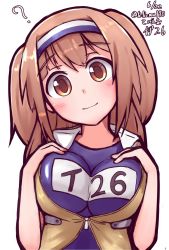 Rule 34 | 10s, 1girl, ?, artist name, breasts, brown eyes, dated, hairband, hand on own chest, highres, i-26 (kancolle), kantai collection, large breasts, light brown hair, long hair, looking at viewer, name tag, new school swimsuit, one-piece swimsuit, sailor collar, school swimsuit, short sleeves, smile, solo, swimsuit, swimsuit under clothes, tiemu (man190), two-tone hairband, two side up