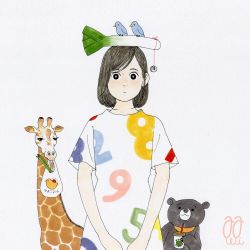 Rule 34 | 1girl, awai880, bag, bird, black bear, black eyes, black hair, bright pupils, commentary request, cup, dress, drinking straw, giraffe, looking at viewer, number print, original, print dress, short hair, short sleeves, signature, simple background, solo, spring onion, white background, white dress, white pupils